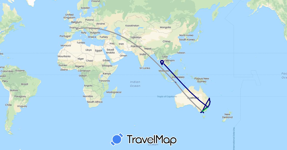TravelMap itinerary: driving, bus, plane, cycling, boat in Australia, France, Indonesia, Thailand (Asia, Europe, Oceania)